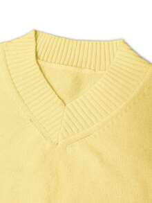 Women's Daily Casual Solid Color Drop Shoulder Loose V-Neck Long Sleeved Pullover Sweaters Tunic Fit Soft Slouchy Ribbed Jumper Elegant Sweater, Fall Winter - Yellow - View 9