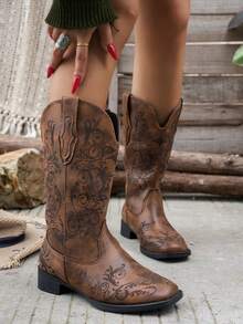 Classic Fashion Women's Laser Cut Mid-Calf Boots, Square Toe Chunky Heel Durable Sole, Breathable Lining Material For Comfortable Wear, Featuring Rustic Western Style, Suitable For Holidays, Travel, Hiking, Cycling - 棕色 - 查看 5