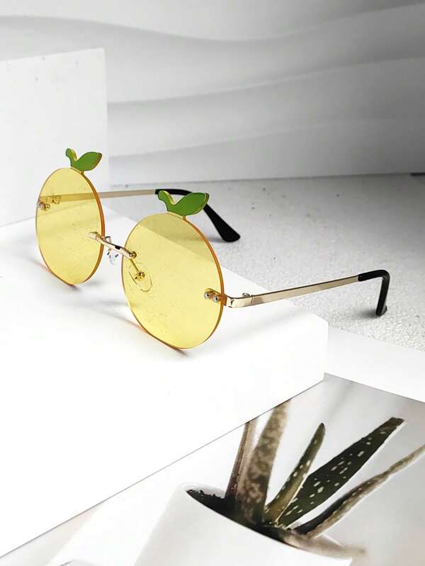 Summer Refreshing Orange Shaped Frameless , Fruit Design Fashion Decorative Glasses With Metal Accessories, Suitable For Women Asymmetrical Shape Shades