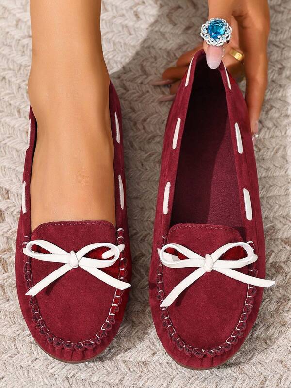 Neue Damen Wildleder und Strick Rote Flache Schuhe, Sommer Elegante Schleife Flats, Ganzjährig atmungsaktive bequeme einfarbige Slip-On Loafers, Runde Spitze vielseitig Lässig High-End Leichtgewicht Outdoor/Arbeitsschuhe für Damen, Arbeitsschuhe, Slip-On Schuhe für Damen