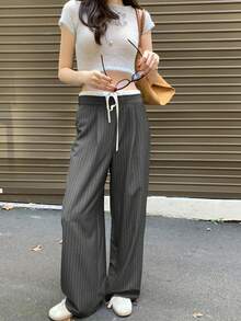 Korean Chic Vintage Contrast Color Drawstring Tie Striped High Waist Straight Leg Wide Leg Casual Pants (Random Stripe) - Grey - View 3