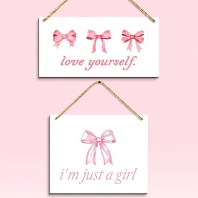 1 件 Wall Arts 粉色蝴蝶结学院风木质标牌挂牌，学院风房间装饰名言，少女房间卧室装饰，爱自己励志木质标牌，适用于女生房间宿舍装饰，画布，海报