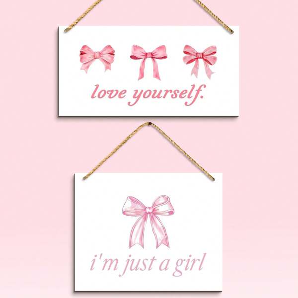 1 pieza Arte de pared Cartel de madera con lazo rosa de estilo preppy colgante, Decoración de citas para habitación preppy, Decoración de habitación femenina, Señales de madera inspiracionales "Ámase a sí mismo" para habitación de niña, dormitorio, decoraciones, lienzo, póster