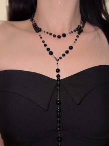 Vintage Edgy Goth Style Double Beaded Tassel Necklace, Sexy Long Necklace Sweater Chain For Women
