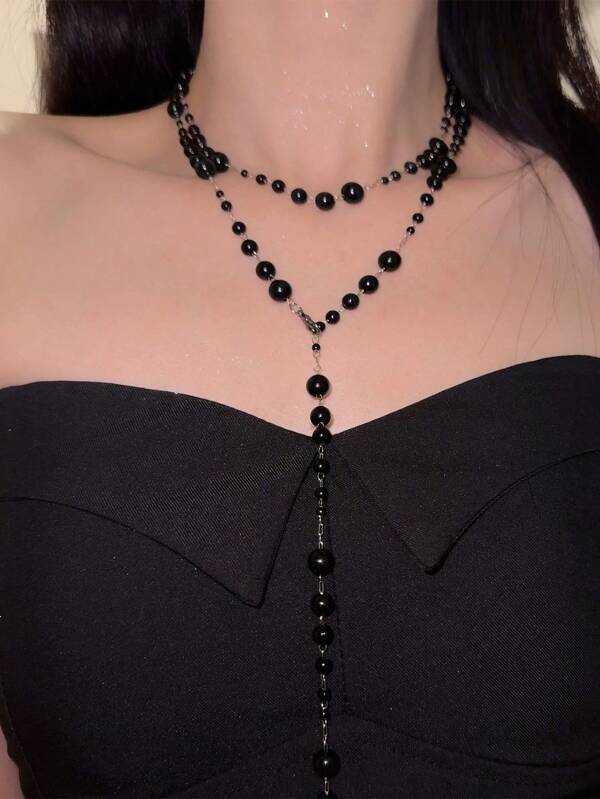 Vintage Edgy Goth Style Double Beaded Tassel Necklace, Sexy Long Necklace Sweater Chain For Women
