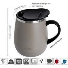 GRANDTIES - Taza de café aislante con asa, tapa deslizante para evitar salpicaduras, termo con forma de copa de vino de 16 oz con doble pared al vacío de acero inoxidable - Café con leche - Ver 3
