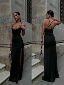 Abito da donna di colore unito, elegante, con schiena scoperta, volant e spacco, adatto per matrimoni, feste formali, eventi serali