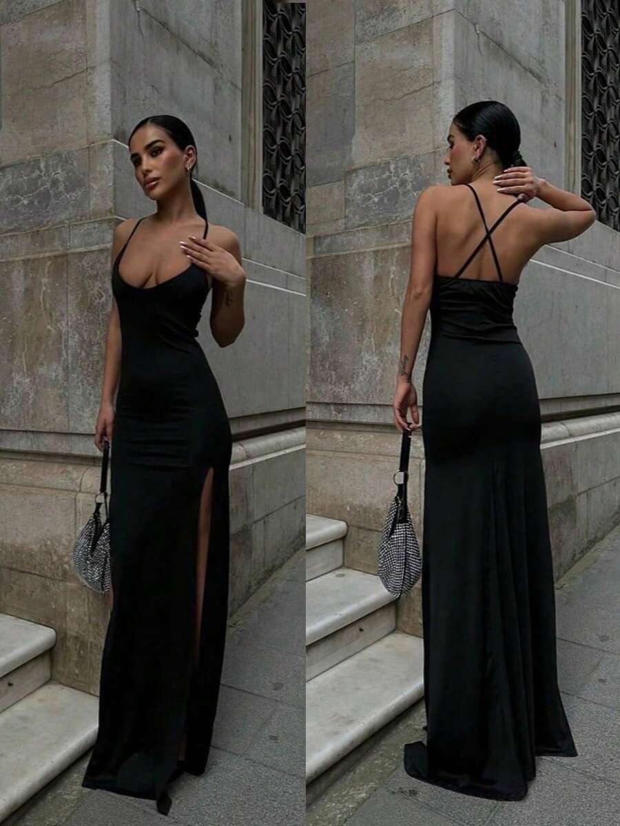 Abito da donna di colore unito, elegante, con schiena scoperta, volant e spacco, adatto per matrimoni, feste formali, eventi serali