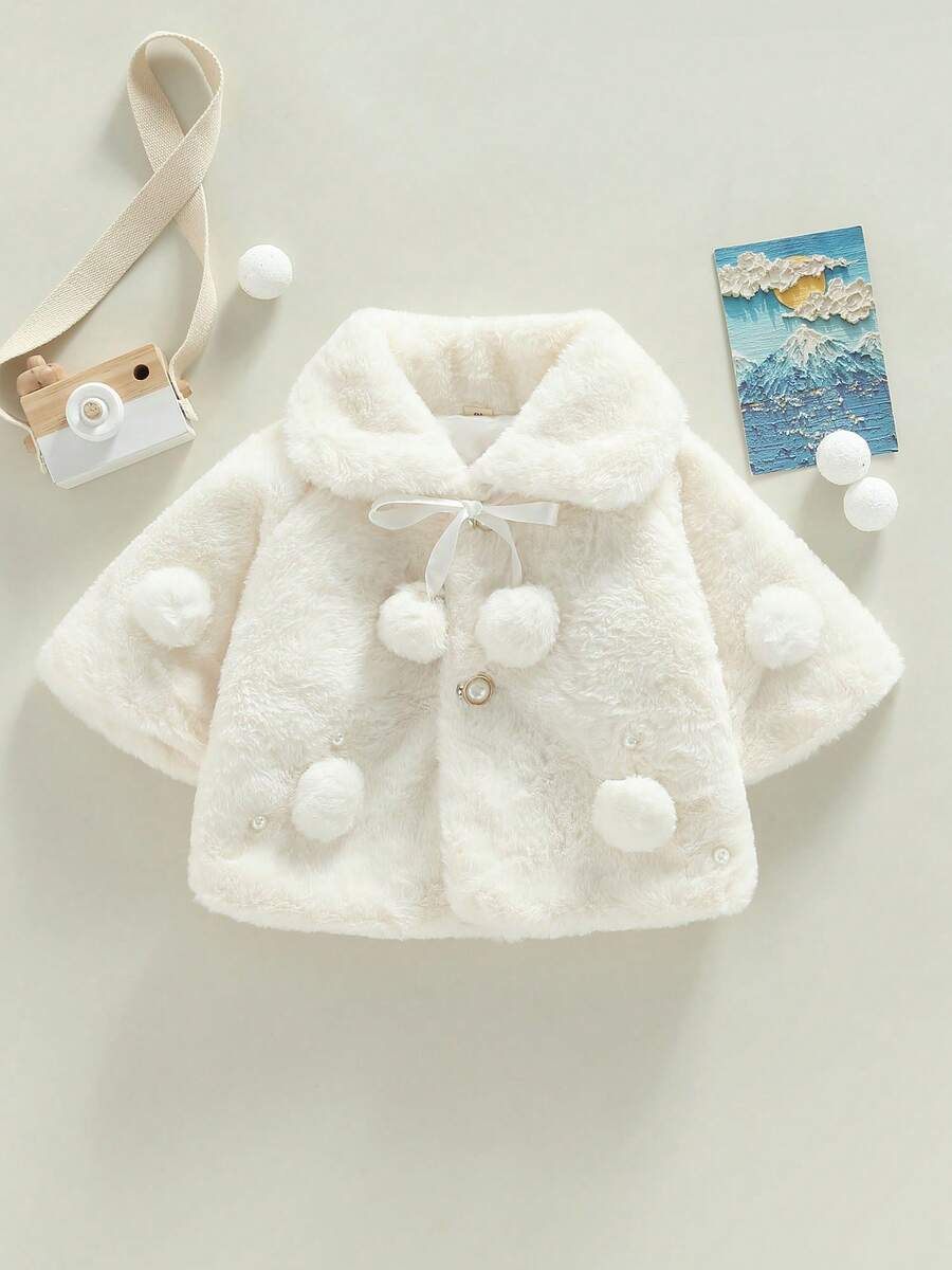Ropa de invierno para niña, abrigo de piel de color liso con solapa ancha y mangas largas de murciélago, capa con decoración de perlas - Blanco - Ver 1