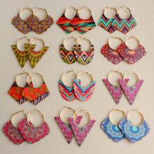 10 Pairs Boho Style Wooden Stud Earrings With Colorful Geometric Hollow Print, Suitable For Daily, Party And Gathering Wear, Random Design