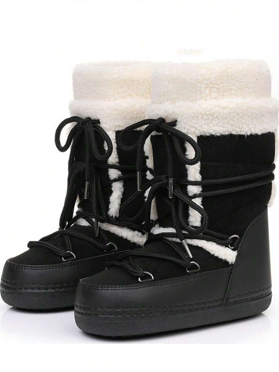 女式仿羊毛靴，舒适蓬松保暖短款户外/室内平底鞋，中筒靴，保暖内衬太空靴，保暖雪地靴 - 黑色 - 查看 1