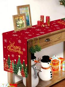 1 pieza Mantel de Navidad de 35 * 180 cm / 13.78 * 70.87 pulgadas, tela con estampado de árbol de Navidad con copos de nieve rojos, adecuado para mesas de cena navideña, decoraciones de fiesta de Navidad, reuniones familiares de invierno, mesas de comedor y de café.