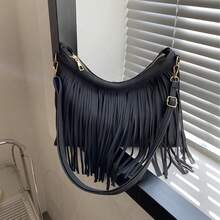 Women's Large Capacity Tassel Fringe Shoulder Bag - Boho Chic Crossbody Purse With Adjustable Strap, PU Leather Hobo Bag For Commuter, Travel, Daily Outing, Fashion-Forward Design (Gray, Brown, Black) - Black - View 2