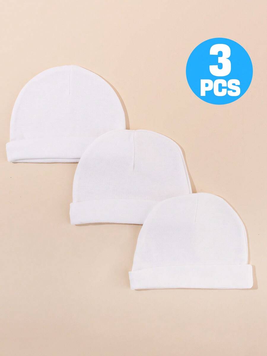 3 pièces Bonnets en tricot doux de couleur unie pour nouveau-nés, respirants et confortables, convenant à toutes les saisons, pour bébés garçons et filles - Blanc - Voir 1