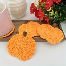 3/6pcs Crochet Pumpkin Coasters Set - Handcrafted, Perfect For Halloween & Autumn Home Decor, Versatile Table Accessories & Gifts Halloween Table Decor - Multicolor - View 6