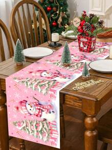 1 pieza Mantel de poliéster rosa de 35 * 180 cm / 13.78 * 70.87 pulgadas, mantel decorativo de muñeco de nieve, decoración de mesa navideña, decoración de mesa para fiesta de Navidad, textil de atmósfera cálida de invierno