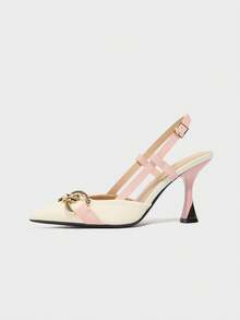 女士复古花卉图案链条装饰尖头粗跟高跟鞋，优雅舒适，适合户外、日常、通勤、派对、节日穿着，春夏秋冬，浅粉色高跟鞋 - 淺粉色 - 查看 7