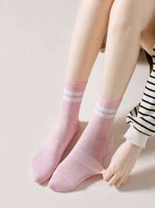 10 piezas/5 piezas Calcetines largos de dos rayas y bloques de color para niños y adolescentes, estilo coreano de primavera y otoño, que absorben la humedad y transpirables