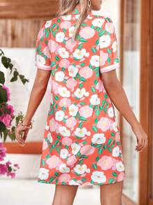 Acelitt Summer Multicolored Plant Flower Print Contrasting Lapel Short Sleeved Dress For Vacation And Leisure