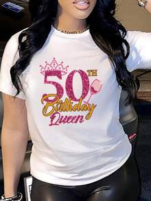 Women'S 50th Birthday Queen Graphic T-Shirt - Purple Casual Crew Neck Tee With Sparkling Crown & Martini Glass Design, Soft Polyester Blend, Perfect For Spring & Fall, Birthday Shirts - trắng - Xem 1