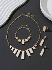 1 Set - 1 pieza Collar con colgante geométrico asimétrico blanco, 1 pieza Pulsera, 1 pieza Anillo, 1 pieza de Aretes de botón, Conjunto de Joyería para Mujer