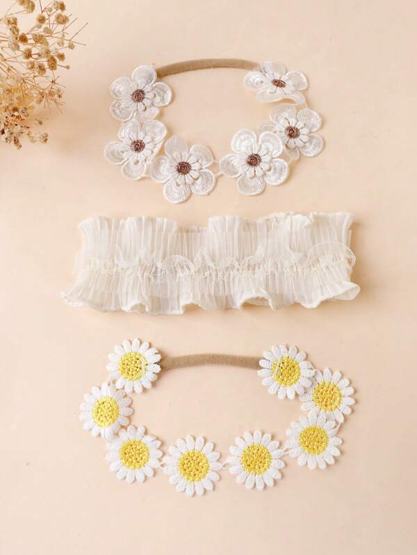 3pcs Floral Lace Embroidery Headbands For Baby, Kids Charming Daisy Ruffle Edge Headpiece