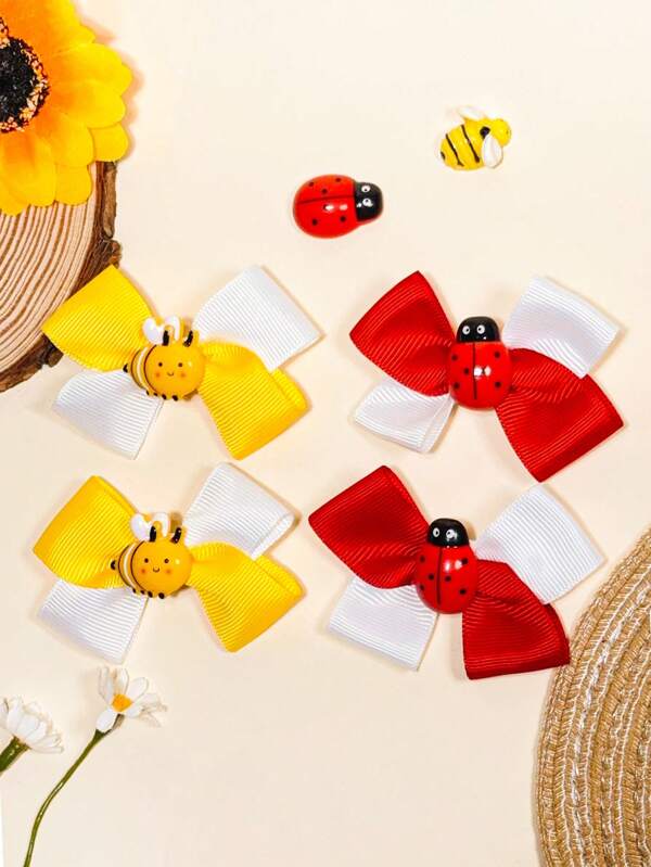 4 Stück minimalistische süße Cartoon Bienen Marienkäfer Schleife Haarspangen - Grosgrain Schleifenband Polyester Haarklammern, süße gelb und rot weiße Farbkombination Haarschmuck für Mädchen, perfekt für Bienen Festivals und Alltags Mode, Party und Feiertag Haarschmuck, Klemmspangen, Haarklammern, Haarspangen, Schulsachen