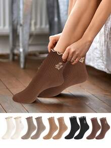 Women Cotton Super Thin Frilly Ruffle Socks Boat Socks Ankle Short Socks - 咖啡棕 - 查看 1