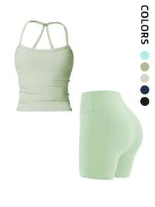 1 Pack Summer Women's Open Back Tracksuit Set Camisole Top High Waist Yoga Shorts Quick Dry Set Is Suitable For Holidays, Travel Work, Sports Wear - 綠色 - 查看 1