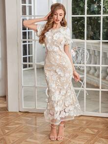 Women's Floral Embroidery Maxi Dress Wedding Guest Dress Evening Party Dress - 白色 - 查看 1
