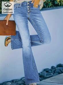 Jeans acampanados de tiro medio azul medio lavado con estilo sexy para uso diario, versátil, pantalones vaqueros retro - Azul lavado medio - Ver 4