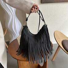 Women's Large Capacity Tassel Fringe Shoulder Bag - Boho Chic Crossbody Purse With Adjustable Strap, PU Leather Hobo Bag For Commuter, Travel, Daily Outing, Fashion-Forward Design (Gray, Brown, Black) - Black - View 1