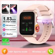 ESFOE 1.83 英寸智能男士手表，LED 功能，带睡眠监测、高清通话、多运动模式、来电提醒和拒接功能、100 种运动模式健身追踪器、语音助手、商务风格、送礼、男女情侣 - 黑色 - 查看 1