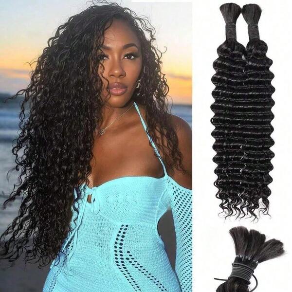 Cabello humano para trenzar, onda profunda a granel, 100g, 18 pulgadas, cabello humano rizado para trenzas bohemias, extensiones de cabello sin trama, 2 trenzas por paquete, cabello humano ondulado y húmedo, cabello natural negro de 14 a 28 pulgadas