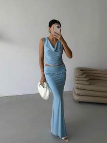 1 Set Women's Resort Solid Cropped Halter Tank Top & Mini Skirt - Blue - View 2