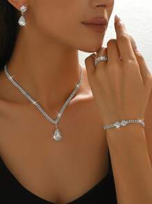 5 Stück/Set Blumenmuster Braut Schmuckset inklusive Halskette, Ohrringe, Armband, Ring - Eleganter und modischer Stil, tolles Geschenk für Frauen