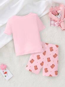 Set de 2 piezas de pijama de niña pequeña con parte superior de manga corta de punto y pantalones cortos con estampado de dibujos animados del animal carpincho, color rosa - Rosa - Ver 2