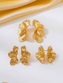 3 Pairs Textured Gold Partial Flower Stud Earrings, Chic Summer Vacation Style, Suitable For Women's Dates/Daily Wear - Yellow Gold - View 3