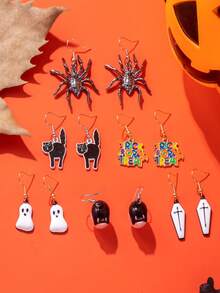 1 对/6 对金属幽灵、蜘蛛、字母、十字架、黑猫形吊坠耳环，女士万圣节派对、送给朋友的生日礼物