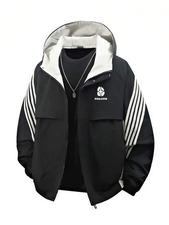 Plus Size Hooded Jacket Outer, Striped Tape Patchwork Casual Jacket, Suitable For Autumn/Winter