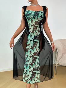 2 piezas Nuevo conjunto de lencería sexy, vestido de tirantes con cuello profundo y encaje con estampado digital y panty - Verde - Ver 2