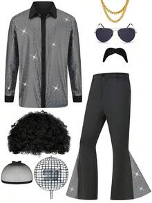 1 Set MEN's Disco Costume Vintage 80s/70s/90s Cosplay New Arrival 1970s Party Stage Performance With Hair,Necklace And Other Accessaries Christmas Party - Bạc - Xem 1