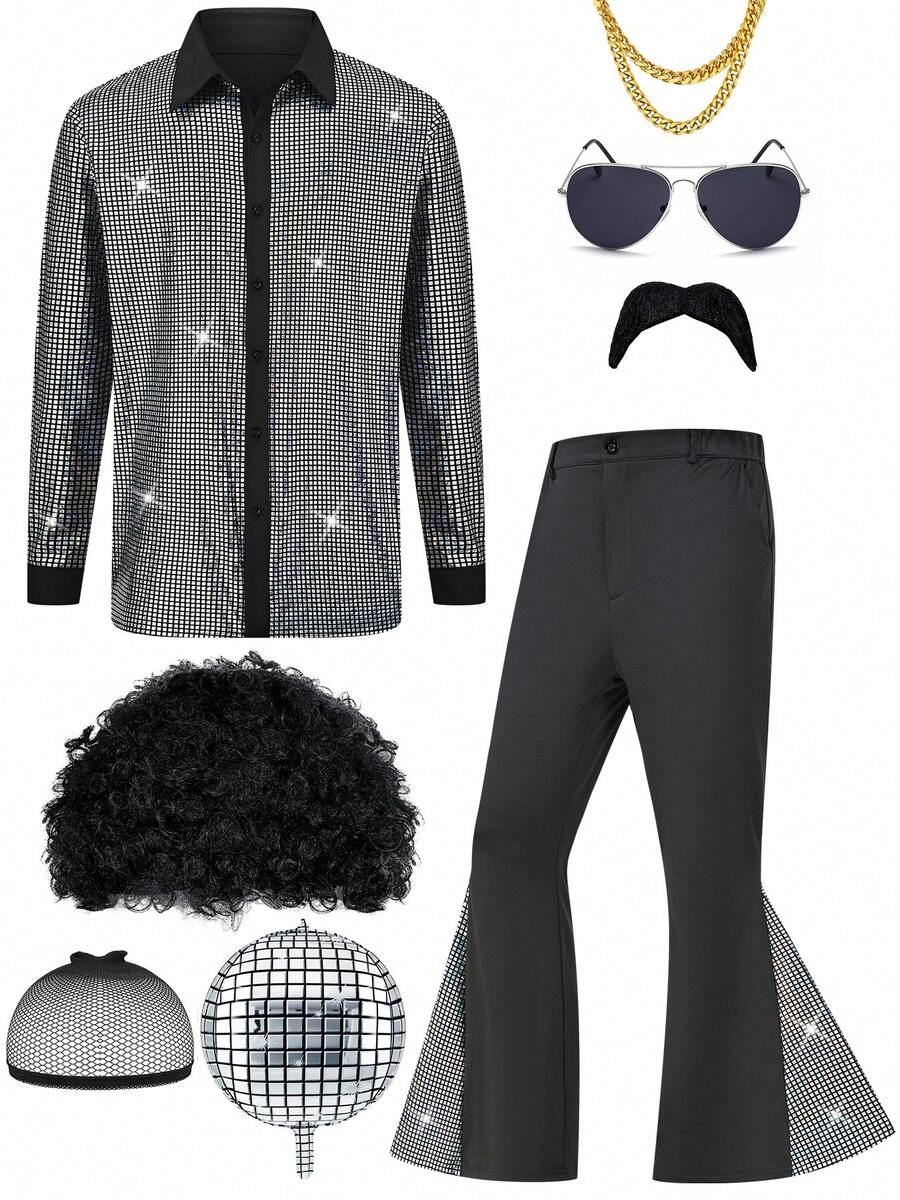 1 Set MEN's Disco Costume Vintage 80s/70s/90s Cosplay New Arrival 1970s Party Stage Performance With Hair,Necklace And Other Accessaries Christmas Party - Bạc - Xem 1
