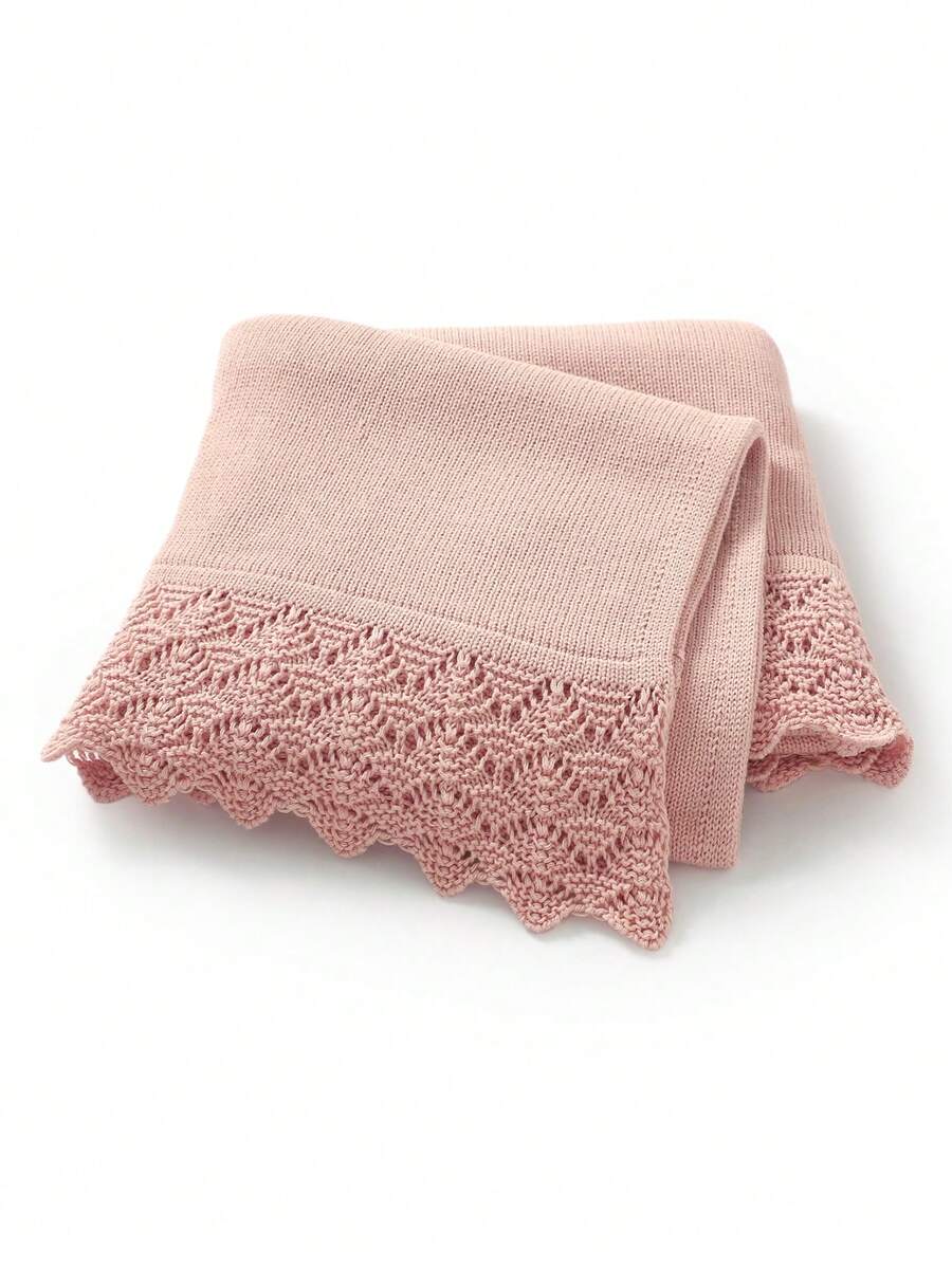 1pc Infant Knitted Solid Color Blanket With Delicate Lace Border, Kids Cozy Blanket, Suitable For All Seasons - Pink - View 1