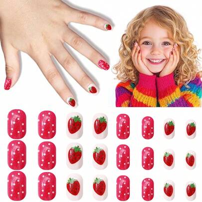 NAIO 24pcs False Nails Kids Girls Press On Short Artificial False Nails Cute Pre Glued Full Coverage Acrylic Nail Tips Set Suitable For Children Little Girls Nail Decoration (Strawberry Girl) Nail Supplies