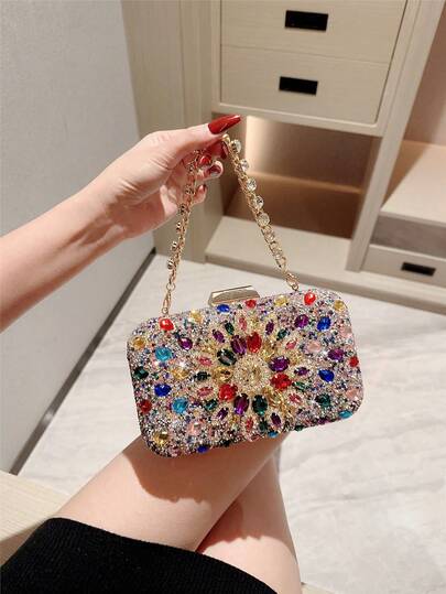 Women's Fashionable Shiny Rhinestone Decorated Evening Bag, For Party, Formal Dress