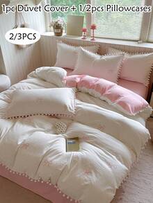 2/3 件粉色蝴蝶结图案印花涤纶羽绒被套套装，带绒球流苏，可爱 Cottagecore 返校床上用品套装，适合春夏所有季节，柔软透气，可机洗（1 个羽绒被套 + 1/2 个枕套） - 粉色 - 查看 1