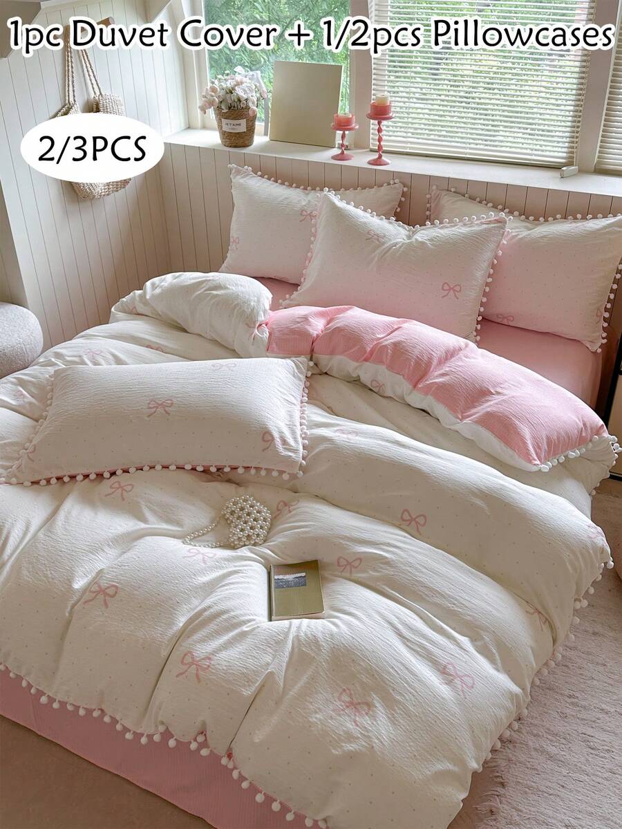 2/3 件粉色蝴蝶结图案印花涤纶羽绒被套套装，带绒球流苏，可爱 Cottagecore 返校床上用品套装，适合春夏所有季节，柔软透气，可机洗（1 个羽绒被套 + 1/2 个枕套） - 粉色 - 查看 1