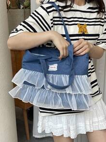 极简风格毛边字母设计牛仔帆布托特包，纯色大容量单肩包，适合女性日常使用，上班通勤书包，返校背包，经典休闲，轻便，便携，行李带设计，适合少女女大学生，非常适合返校、大学、初中、高中、开学第一天，女士西式钱包