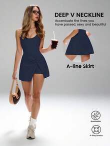 FWH Detachable Bralette & Skirted Shorts With Tummy Control,Yoga-To-Street Versatile Dress With Anti-Peek Design,Feminine Twist-Front Design,Modest Yet Sexy,Cross-Waist Detail & Hip-Skimming Skirted Shorts,Full Coverage Security,Unrestricted Movement For Yoga/Pilates,#GymToGardenParty #FeminineActivewear #ModestButSexy,Twist-Front Workout Dress,Skirted Athletic Dress,Date-Night Ready,Hip-Slimming,Elegant Sports Dress - 藏蓝色 - 查看 3